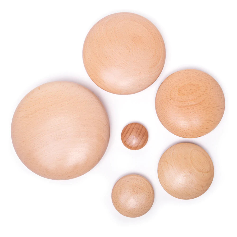 Six smooth rounded, wooden, natural stacking pebbles - Send A Toy