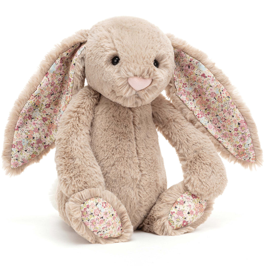 Beige Jellycat bashfull Bea Bunny soft toy with floral fabric ears - At Send A  Toy