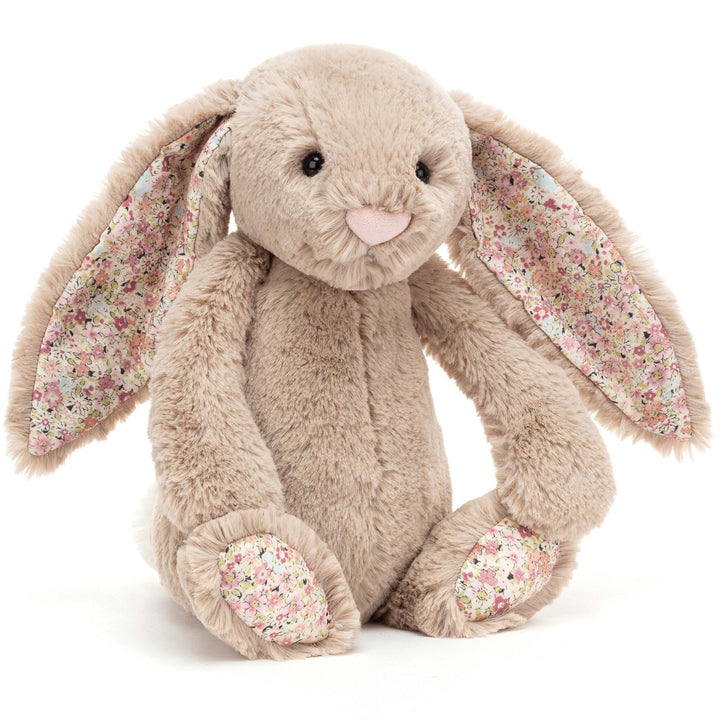 Beige Jellycat bashfull Bea Bunny soft toy with floral fabric ears - At Send A  Toy