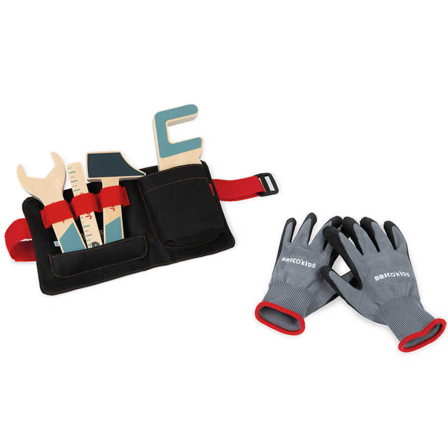 BricoKids DIY black fabric Tool Belt  with red straps, four wooden tools and kids grey tool gloves -  Send A Toyand Gloves Set
