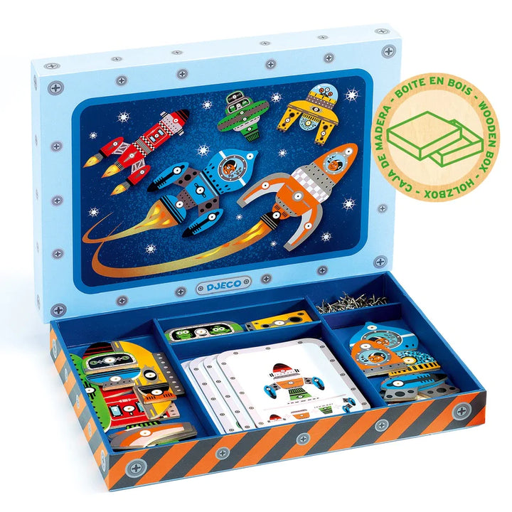 Space theme hammer tap tap game in blue wooden box illustrated with space rockets - Djeco toys at Send A Toy