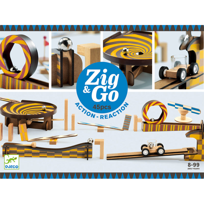 Zig & Go Action Reaction Set - 45 pcs Djeco Marble Runs | Ball Tracks