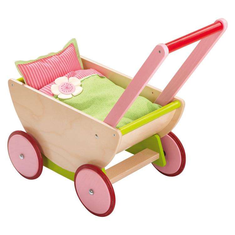 German made natural wood doll pram with pink wheels  - pink and green cherry blossom doll bedding - Haba - Send A Toy