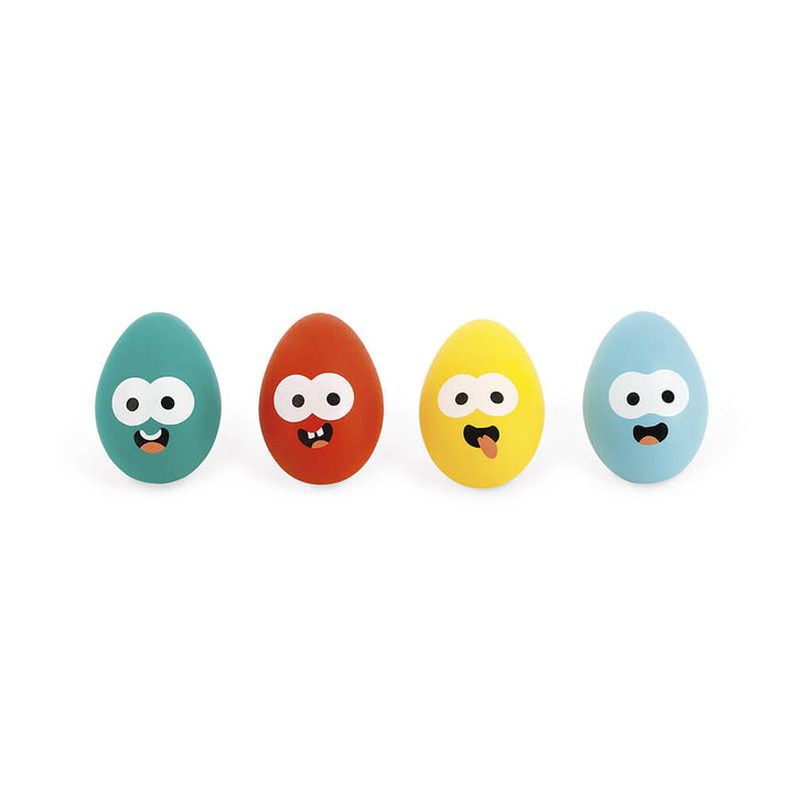 Green red yellow blue wooden eggs with painted faces