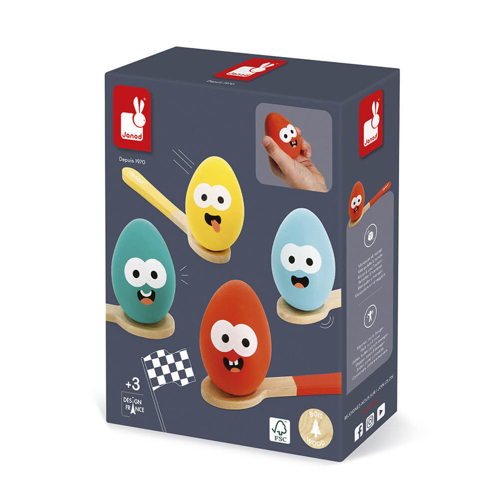 Janod wooden egg and spoon race game retail box on a white background.