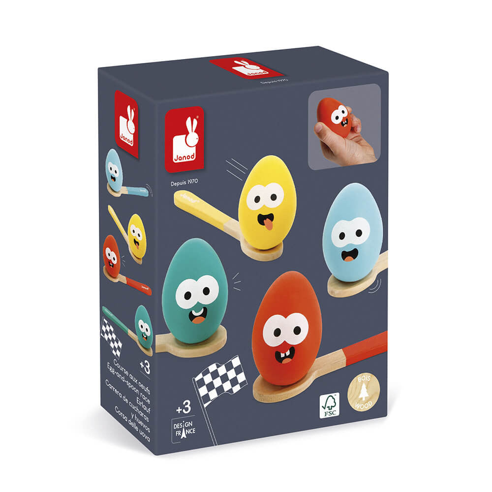 Janod wooden egg and spoon race game retail box on a white background.