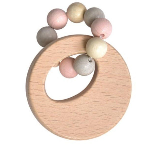 Natural Round wooden baby teether rattle with light pink and grey beads - Send A Toy