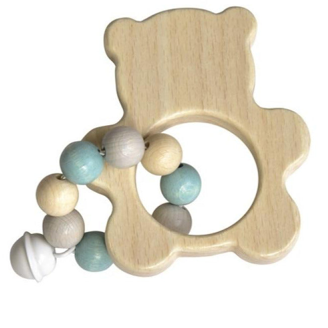 Natural wood bear shaped baby rattle with w=small white bear and light blue and greay wooden beads - Egmont Toys at Send A Toy