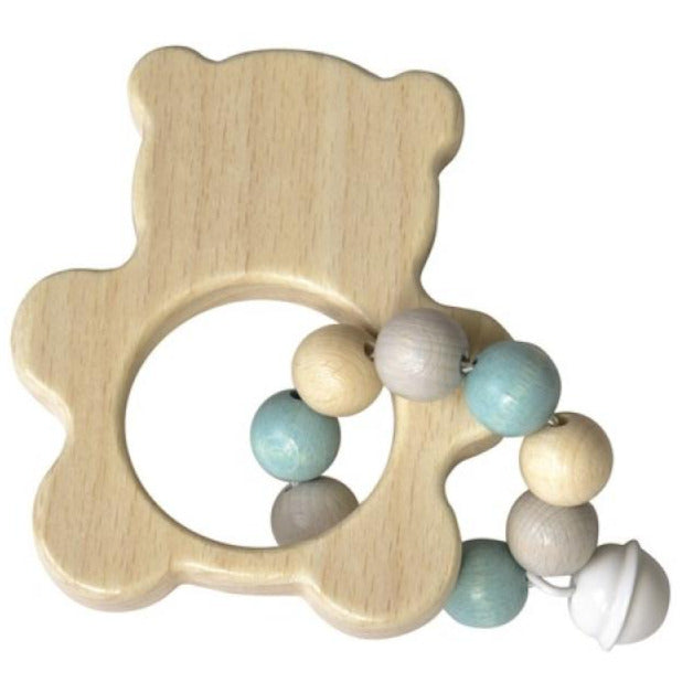 Natural wood bear shaped baby rattle with w=small white bear and light blue and greay wooden beads - Egmont Toys at Send A Toy