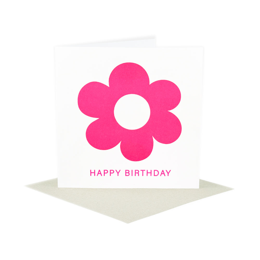 Carte Joyeux anniversaire fleur rose fluo