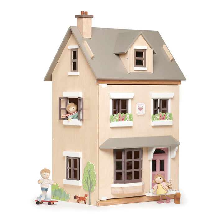 Wooden 'Foxtail Villa' doll house with brown roof and pink door - Tenderleaf  toys