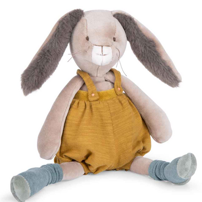 Trois Petits Lapins Ochre Rabbit soft toy with long fluffy ears, wearing ochre colour overalls and light blue socks - Moulin Roty toys retailed at Send A Toy 