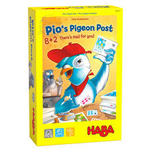 A board game box for 'Pio's Pigeon Post' featuring an illustration of a cartoon pigeon holding a postcard, with a background of a cityscape and children playing.