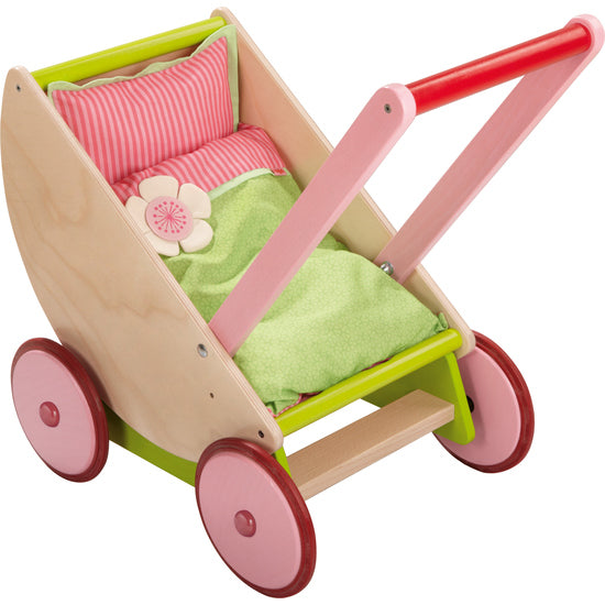 Cherry Blossom Convertable wooden Doll Pram with pink wheels and push bar - haba