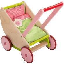 Cherry Blossom Convertable wooden Doll Pram with pink wheels and push bar - haba