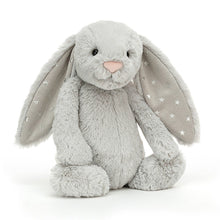 Bashful Shimmer grey bunny with silver star fabric ears - Medium Jellycat soft bunny toy
