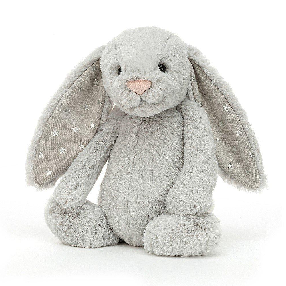 Bashful Shimmer grey bunny with silver star fabric ears - Medium Jellycat soft bunny toy