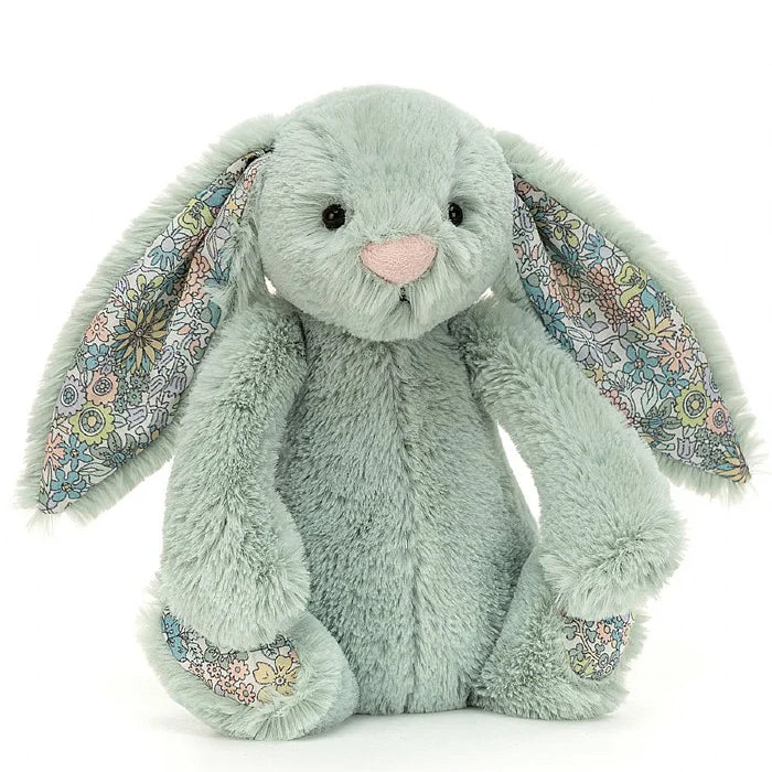 Blossom Sage colour bunny with floral fabric ears and feet - Medium Jellycat 