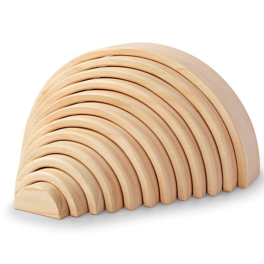 A set of 12 stackable wooden arches arranged in an archway shape, with a natural wood finish.