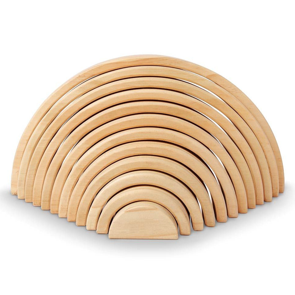 A set of 12 stackable wooden arches arranged in an archway shape, with a natural wood finish.