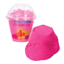 A pink sensory play product called Lava Flow, displayed both in a container and as a molded shape, with a label indicating the product name and age guide.