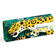 A 1000-piece Djeco puzzle with a leopard print design on a yellow background, including a poster for reference.