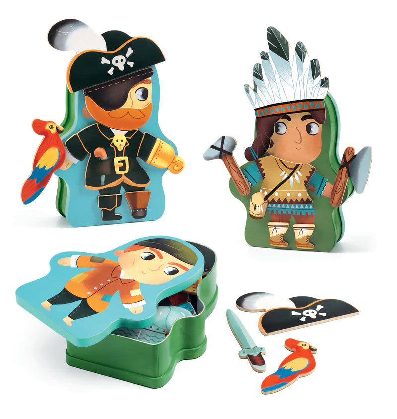 A colorful metal box packaging for a Djeco children's toy, the Magnetic Adventure Dressing Game, featuring a pirate character and various magnetic pieces.