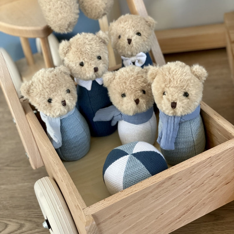 Blue teddy bear soft bowling skittles in a wooden cart - Egmont Toys