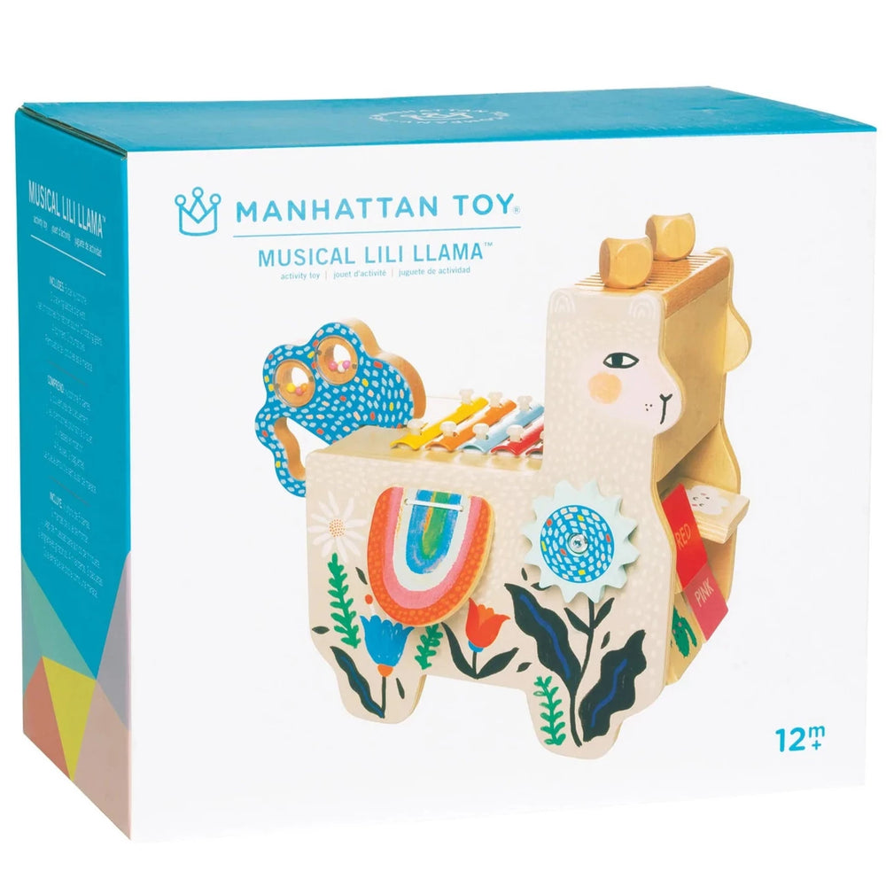 Wooden painted whimsical musical llama instruments toy in retail box - Manhattand Toys brand at Send A Toy
