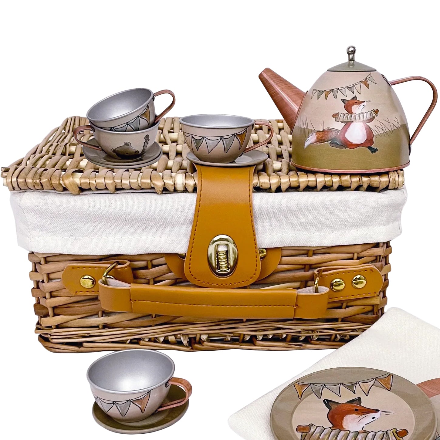 Children's tea set store in wicker basket