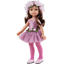 A vinyl doll depicting a ballerina in a purple tutu with a floral headband, pink tights, and pink ballet shoes.