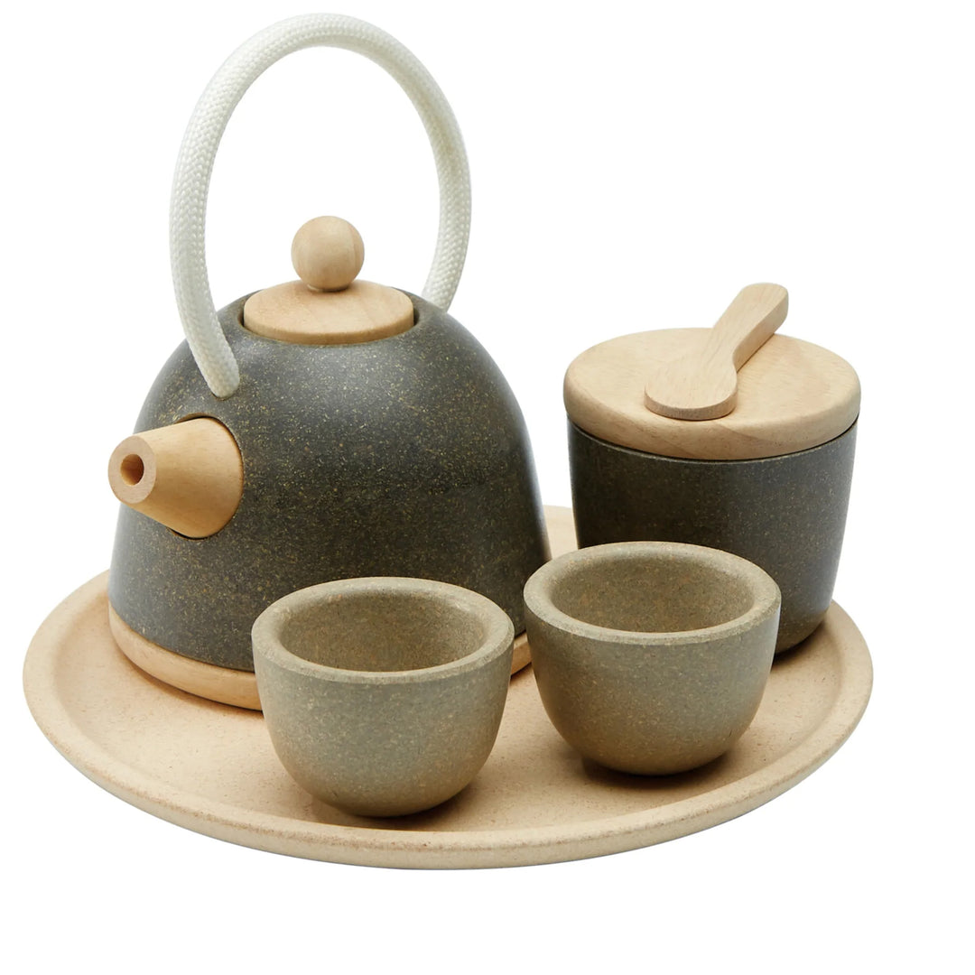 Plan Toys wooden orinetal tea set -  grey teapot with rope handle, round natural wood tray
