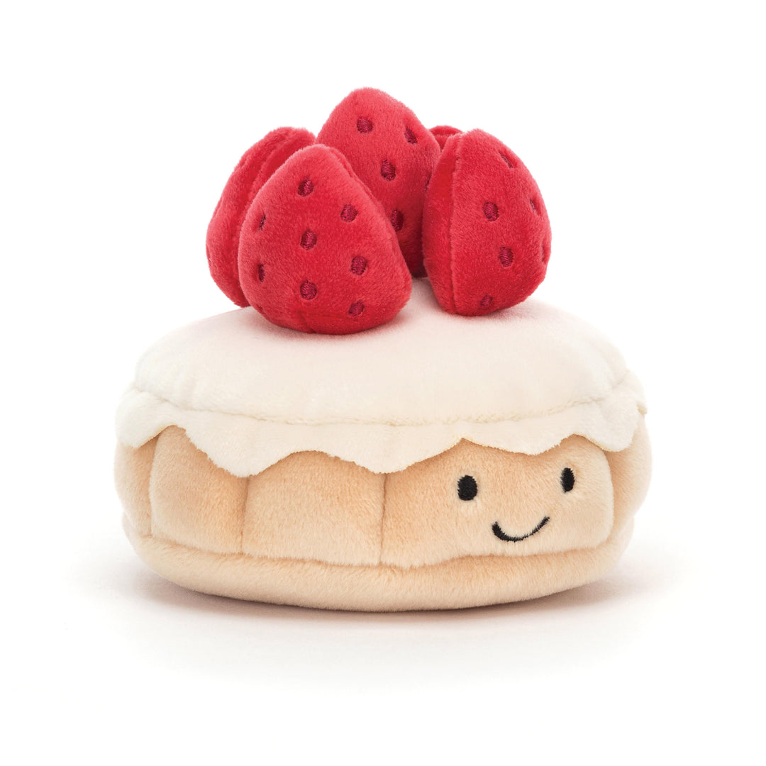 Jellycat Pretty Patisserie Tarte Aux Fraises - strawberry tart soft toy with cream base and 5 red strawberries on top 