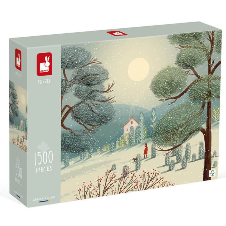 A puzzle box featuring a winter landscape with a cabin and a woman walking her dog, with a large number of pieces indicated.