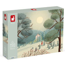 A puzzle box featuring a winter landscape with a cabin and a woman walking her dog, with a large number of pieces indicated.