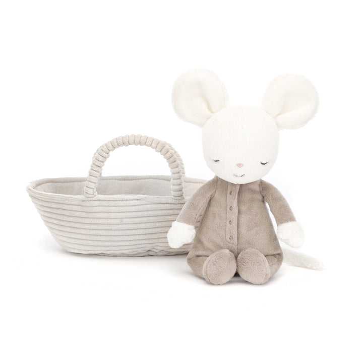Jellycat cream coloured baby mouse with large cream ears and sleeping face. Wearing a coffee colour jumpsuit, sitting next to a  cream cord fabric carry basket - Send A Toy