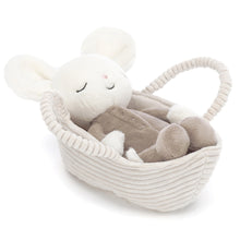 Jellycat cream coloured baby mouse with large cream ears and sleeping face. Wearing a coffee colour jumpsuit, laying in a cream cord fabric carry basket - Send A Toy
