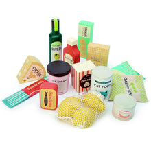 Wooden Supermarket Grocery pretend play food set with lemons, sardines, cheese, olive oil, rice, crisps, ice cream and cat food. Tenderleaf Toys brand - Send A Toy