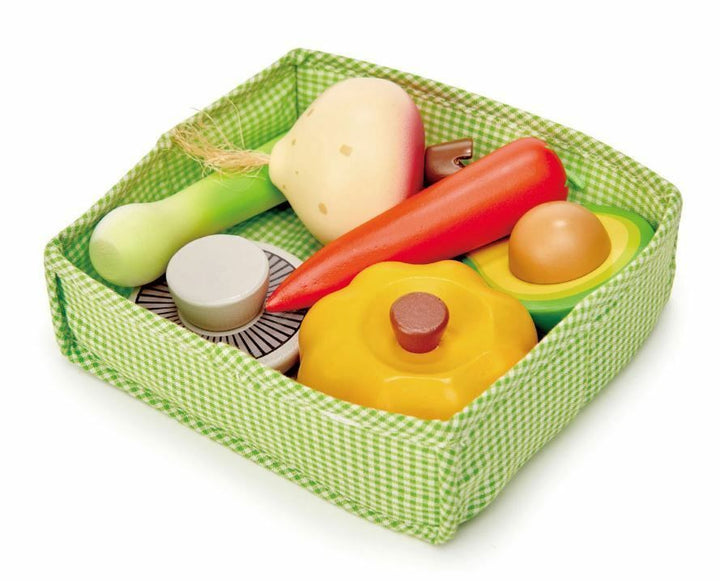 Wooden Vegetables in green fabric crate - Tender Leaf Toys