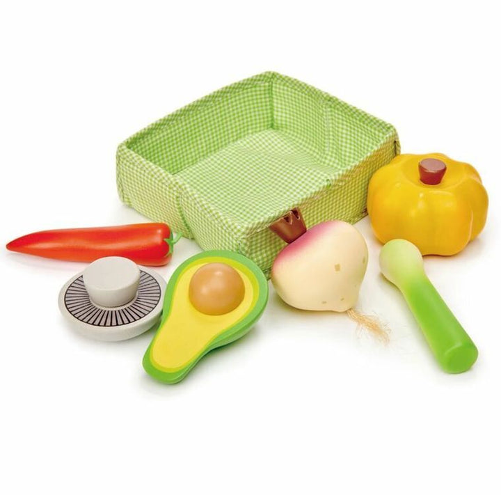 Wooden Vegetables with green fabric crate - Tender Leaf Toys
