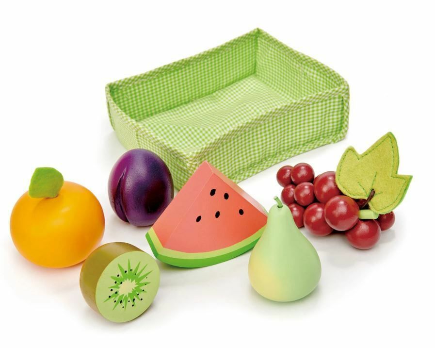 Wooden fruit pieces with green fabric crate - Tender Leaf Toys