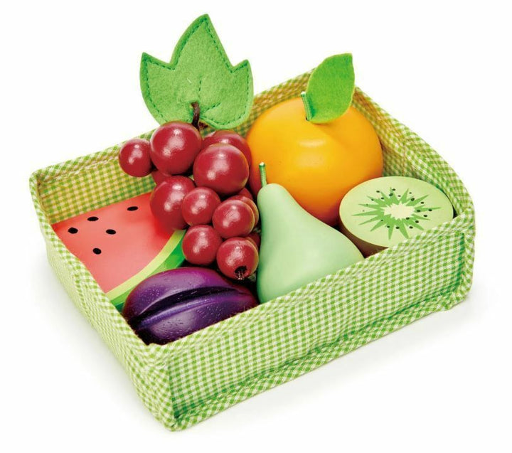 Wooden fruit pieces in green fabric crate - Tender Leaf Toys