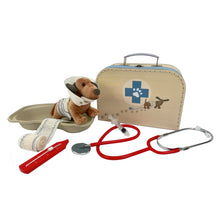 A cardboard veterinary case with a red stethoscope, thermometer, syringe, cone collar, bandage, and a soft toy dog named Edward.