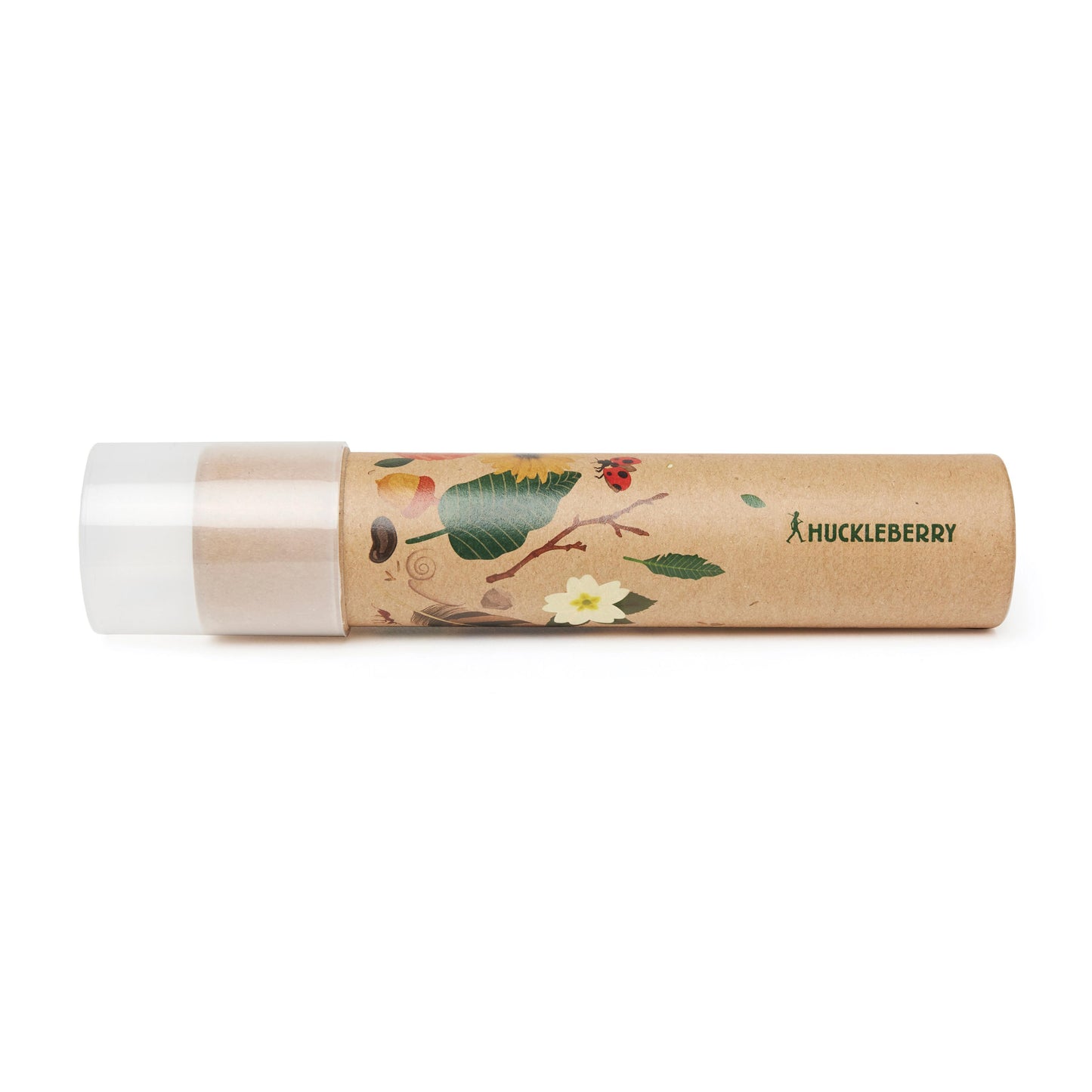 Brown cardboard kaleidoscope with nature illustrations and translucent plastic cap.