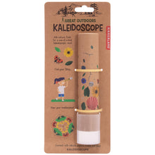 Childs cardboard kaleidoscope with flower illustrations, attached to a cardboard retail card.